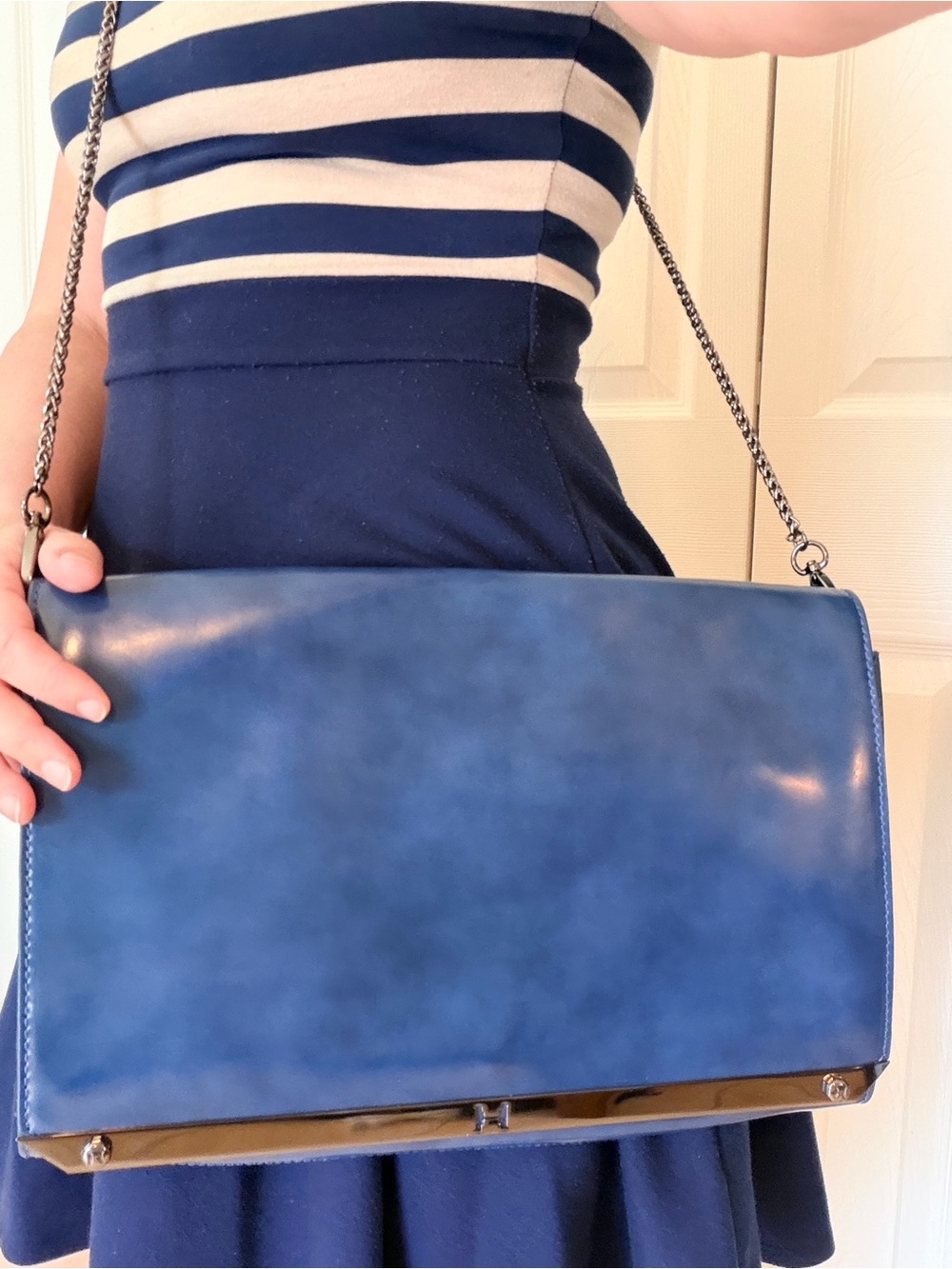 Halston Heritage Blue Leather Crossbody Envelope Clutch Bag